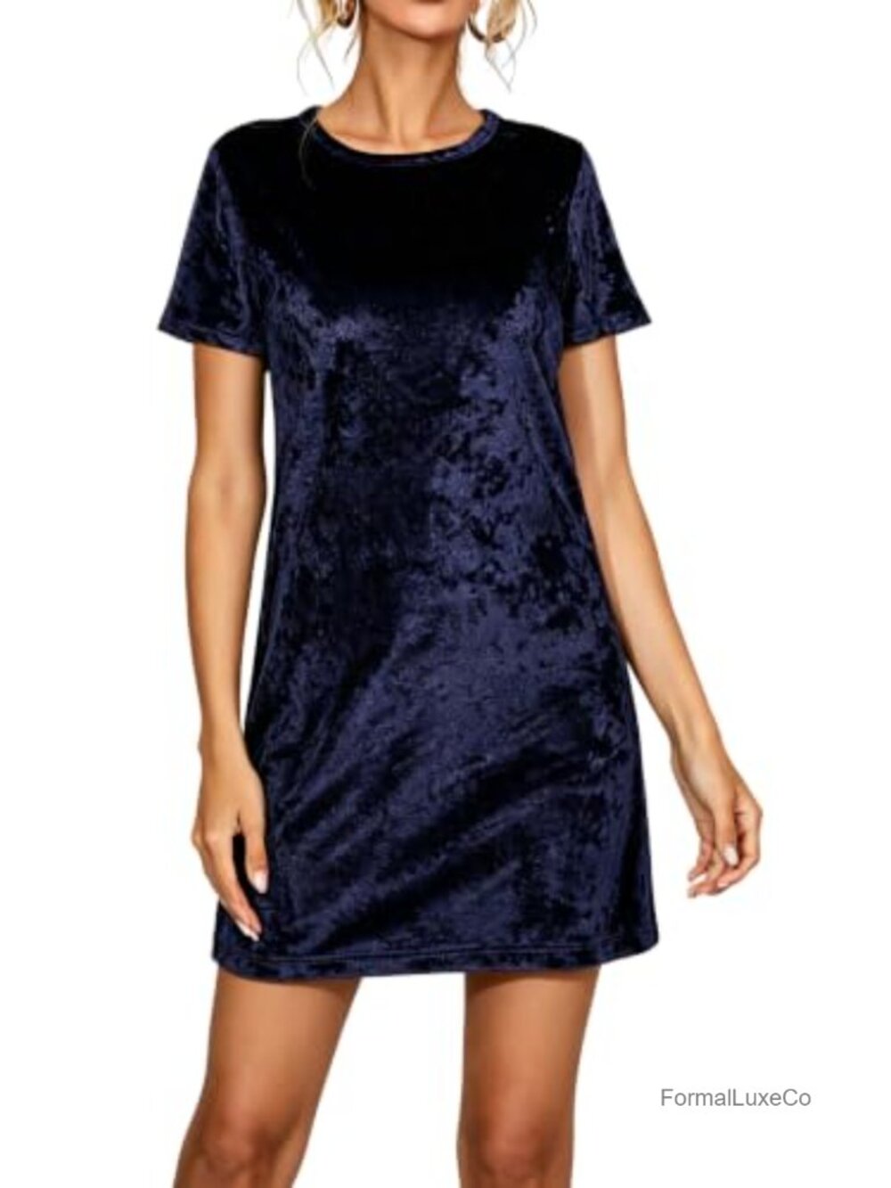 Crushed Velvet Short Sleeve Mini Dress Crew Neck Pull On Shift Fit